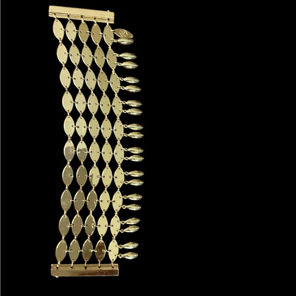 Pierre Lang Gold Toned Bracelet Metal Fringe Beads Quatrefoil PL Magnetic Clasp - Picture 2 of 12